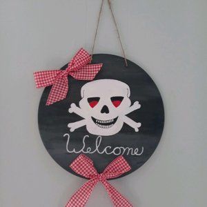 12" Round Skull and Crossbones Door Hanger, Welcome Sign, Hand Painted